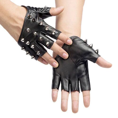 Fashion Men Punk Hiphop Rivet Half Finger Leather Gloves Wom