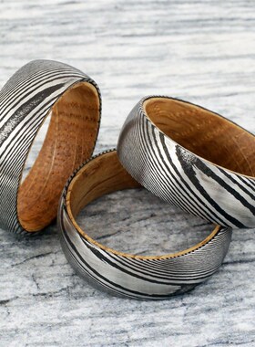 8mm Mens Black Tungsten Wedding Band with Damascus Steel Tex