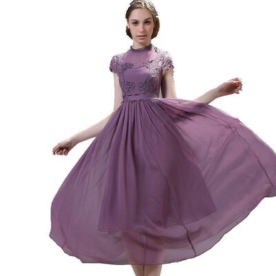 High-end Chiffon Dress Womens Summer Star Short-sleeved Lac