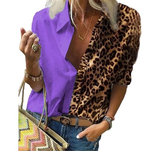 Office Lady Long Sleeve Leopard Patchwork Color Block Shirt