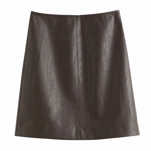 FSLE Womens Brown Leather Skirt 2021 Winter New Office Lady