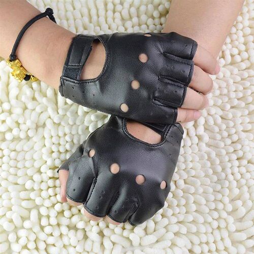 1Pair Men Outdoor Black Half-Finger Gloves Soft Leather Driv