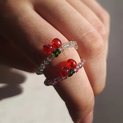 Elastic crystal bead ring summer cherry fruit ring female