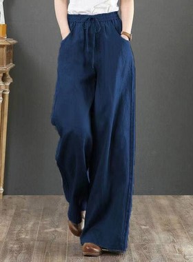 Women High Waist Casual Wide Leg Pants Cotton Linen Trouser