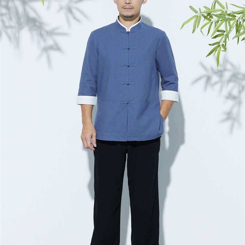 Nong Hui 23 new mens cotton and linen Zen clothing gray blu