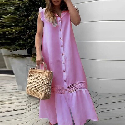 Casual Street Sleeveless Boho Ruffle Shirt Dress Women Hollo