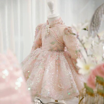 Sequined Pearl Beading Lace Princess Girls Birthday Gowns Cu