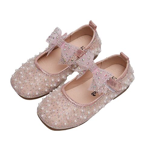 New Girls Single Princess Shoes Pearl Shallow Childrens Fla