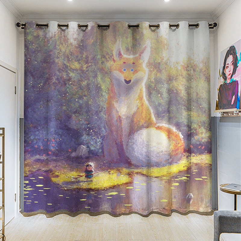 现代男女孩房可爱小狐狸儿童窗帘打孔款全遮光隔断隔热遮阳定制帘,居家布艺,成品窗帘,淘宝优惠券,粉丝福利购,淘宝优惠卷