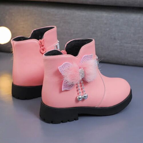 Childrens Shoes Girl Mid Length Warm Leather Boots Baby Bow