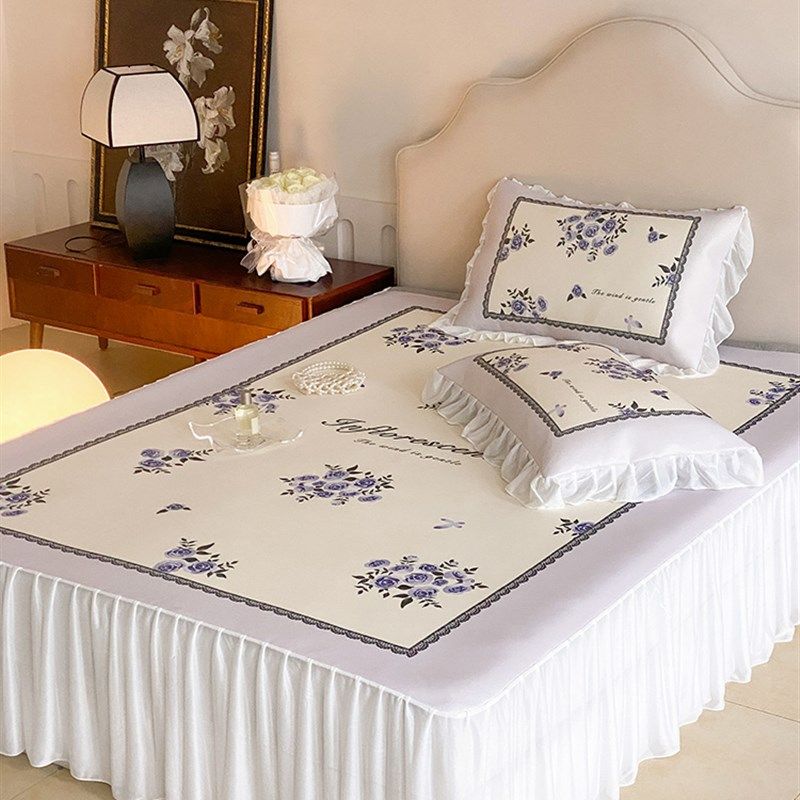 类夏季冰丝凉感床裙款凉席三件复古花卉数码印花可水洗空调席,床上用品,冰丝席,淘宝优惠券,粉丝福利购,淘宝优惠卷