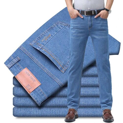 Summer new mens micro elastic straight leg denim pants with