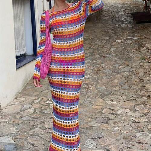 Knitted Hollow Stripe Crochet Long Dress Summer Women Sheer