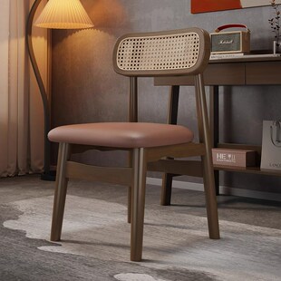 中古风实木藤编餐椅家用餐厅椅子设计师靠背椅法式复古餐桌椅