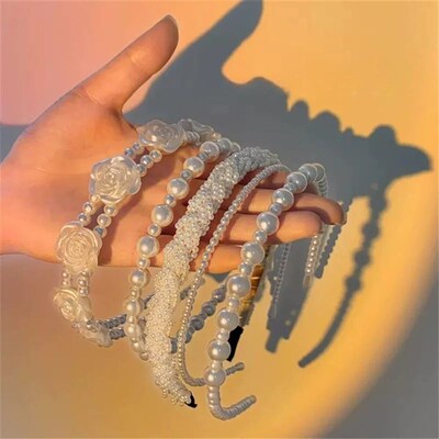 Elegant Big White Pearl Headbands for Women Girl Handmade Si