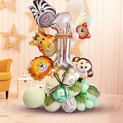 48pcs/Set Jungle Explore Safari Animal Balloons Foil Number
