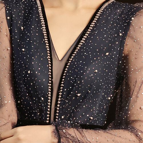 Navy Blue Deep V Neck Beading Slim Starry Evening Dress Fant