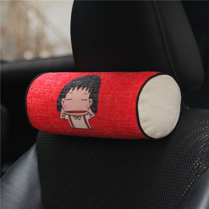 樱桃小丸子头枕腰靠垫棉麻记忆棉亚麻靠背护腰垫座椅创意汽车用品