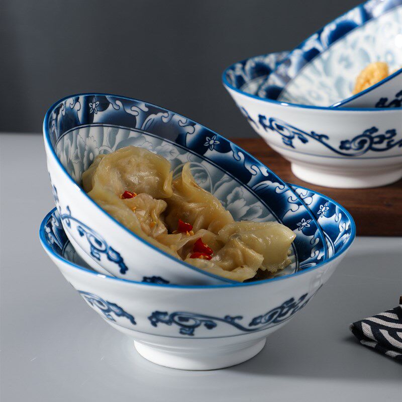 青花瓷家用面碗饭碗餐具6.8英寸斗笠汤面碗汤碗不烫手厚实陶瓷碗