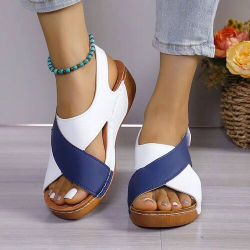 New Womens Contrast Color Wedge Sandals Summer Peep Toe