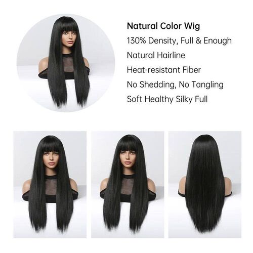 Synthetic Long Silky Straight Wigs with Bangs Black Cosplay