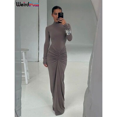 Weird Puss Hipster Ruched Dress Women o-NeckFull Sleeve