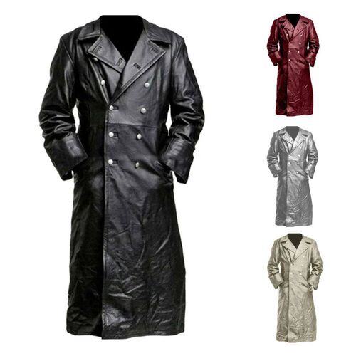 Winter Oversized Long Mens Leather Windbreaker Double