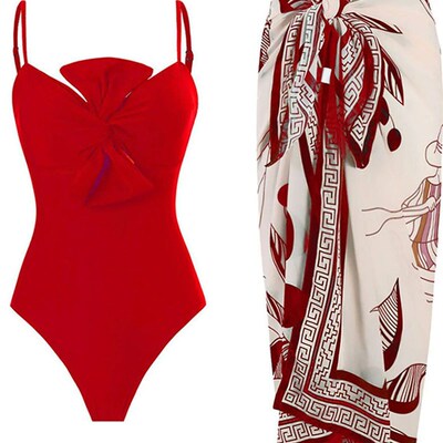 S - XL 5 Colors With Printed Sarong Women Swimwear One Piece