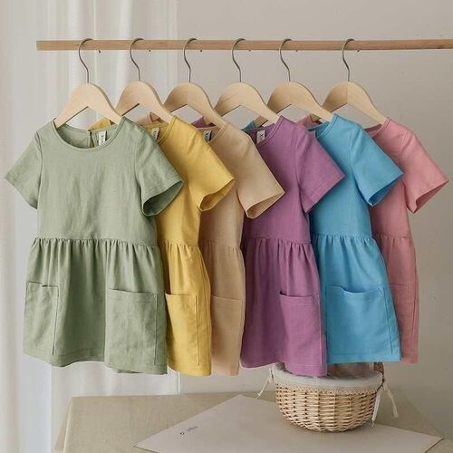 Fashion Cotton Linen Summer Girl Dress Yellow Casual Short S