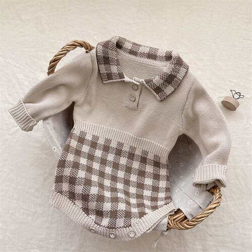 Spring Babys Plaid Lapel Knitted Sweater Jumpsuit for Boys