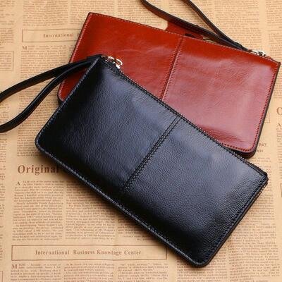 Womens Vintage Oil Wax Leather Zipper Clutch Wallet Female