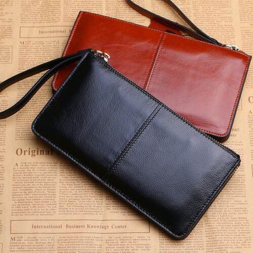 Womens Vintage Oil Wax Leather Zipper Clutch Wallet Female