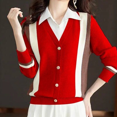 Fashion Women Korean Clothing Contrast Sweater Patchwork Fak