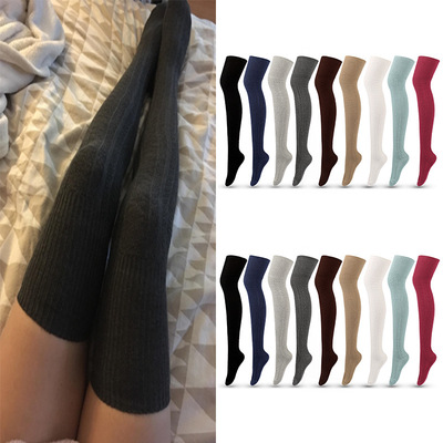 Instime 1 Pair Solid Color Thigh High Stockings Cotton Leg W