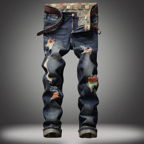 Painted jeans mens ripped straight leg jeans