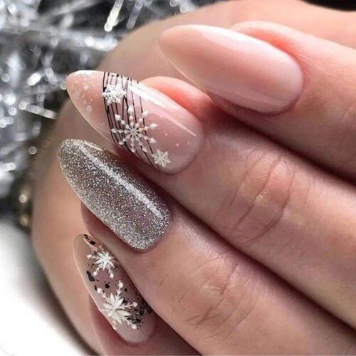 24pc Almond False Nails Press on Nails Christma Snowflake Fa