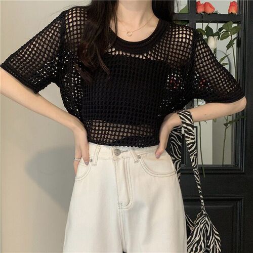Thin Design Sense Hollow-out Short-sleeved Knitwear Womens
