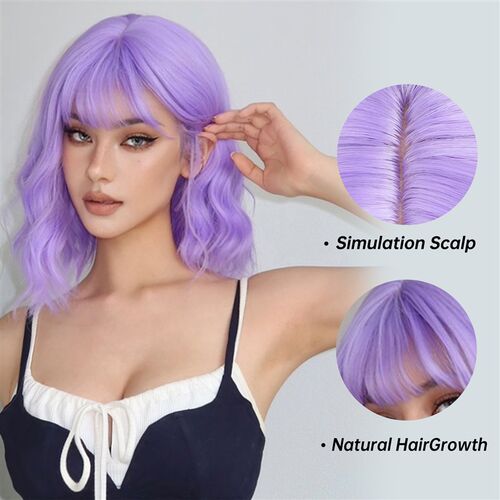 Short Synthetic Wigs Purple Blue Curly Wave Wigs with Bangs