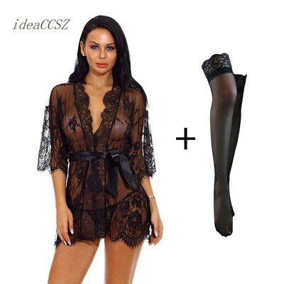 Women Lace Robe Bathrobes Dress Fashion Solid Sexy Perspecti