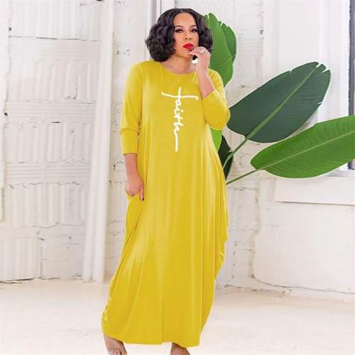 Plus Size Dresses Womens Summer Loose Letter Printed Yellow