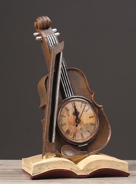 装饰钟摆件创意复古小提琴钟表客厅咖啡厅办公桌桌面座钟摆设品