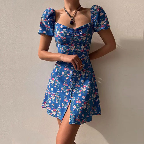 WildPinky  Summer Print Dress French Style Puff Sleeve