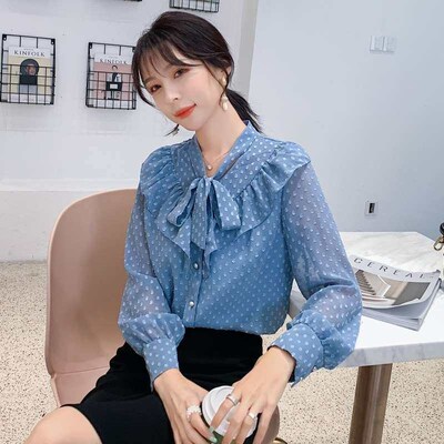Shirt womens autumn new shirt ruffle stitching bow neck pol