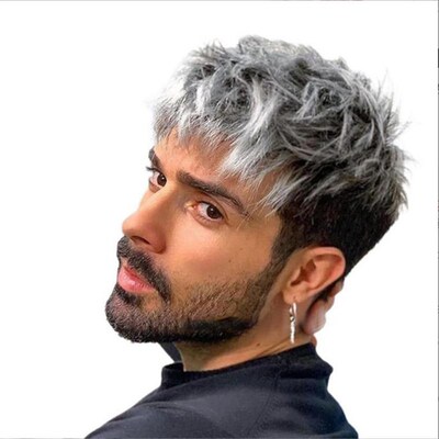 Wig Mens Silver Gray Gradient Color Messy Short Curly Hair