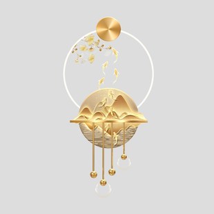 九鱼图客厅格栅装饰挂件山水电视背景墙壁画灯金色银杏叶玄关挂画