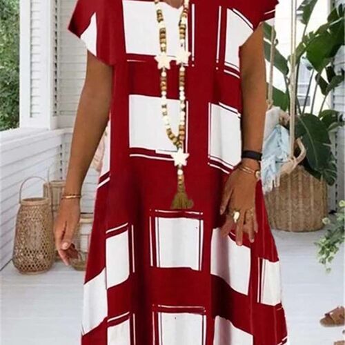 Summer Lattice Print Casual Dress Womens V-neck Short
