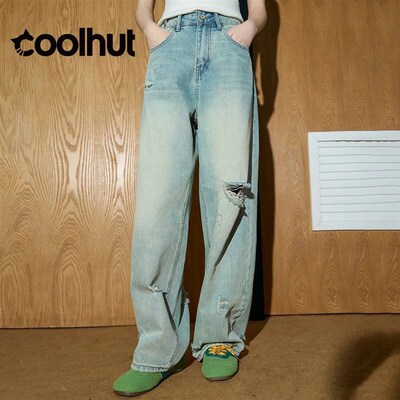 COOLHUT Womens Vintage High Waist Straight Jeans Distressed