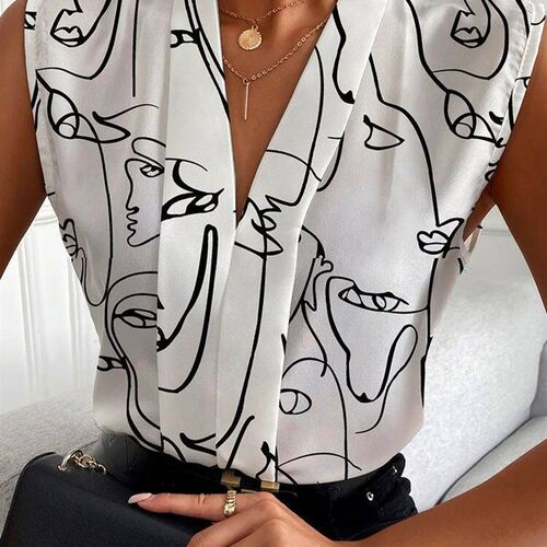 Summer Womens Top Blouse Fashion Print Tops V-neck Sleevele