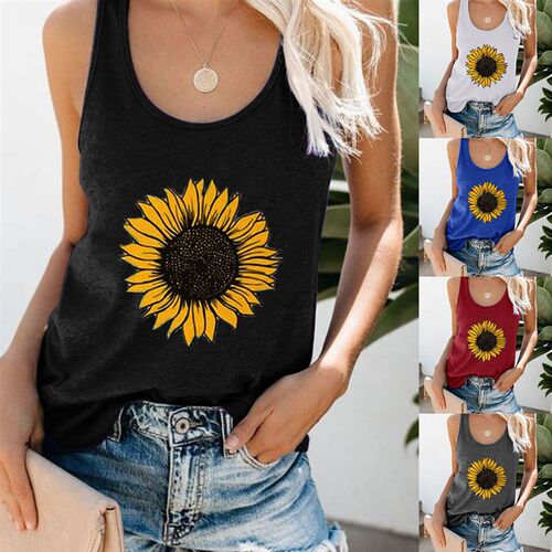 Sunflowers Print Tank ops Women Summer Fashion Sleeveless Te