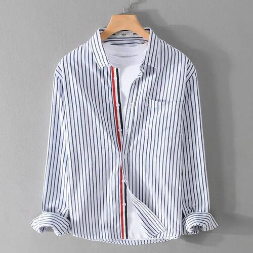 Spring Autumn Mens Clothes Striped Lapel Casual Loose Cotto